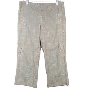Vintage Cache Womens Pants Brown Cropped Capris Embroidered Floral Plaid 8